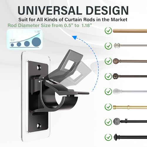 6 Pack Self Adhesive Rod Brackets, No Drill Needed Curtain Rod Holders, Nail Free Stick on Curtain Rod Hooks, Curtain Hangers for Bathroom, Bedroom, Livingroom, Hold up to 20lbs on Smooth Surface