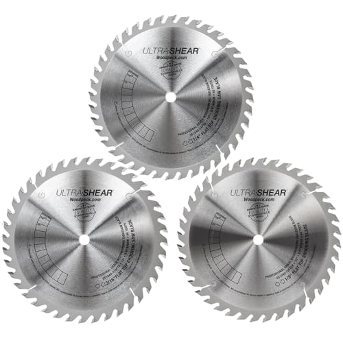 10 Inch Flat-Top Grooving Table Saw Blades, 3-Piece Set, Carbide Tipped, 40-Tooth, 3/16", 1/4", 1/8" Kerfs, 5/8" Arbor, for Dado, Joints