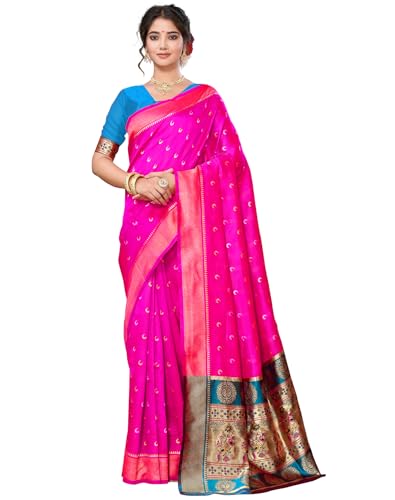Image of Yashika Women's Cotton Silk Chandrakor Paithani Saree in Golden Zari Border, Saree with Crescent Moon Motifs and Peacock Design, Includes Unstitched Blouse Material