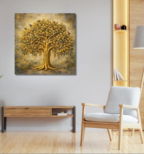 Image of Kunj Cart Kalpavriksha Tree Painting | 8+ DESIGNS | Kalpvriksh Tree Wall Painting | Lucky Tree Wall Art For Living Room, Bedroom and Office Decor | Canvas Painting for Wall Decoration (Design - H, 24x24 Inch, Framed)