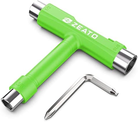 Zeato All-in-One Skate Tools Multi-Function Portable Skateboard T Tool Accessory with T-Type Allen Key and L-Type Phillips Head Wrench Screwdriver - Green