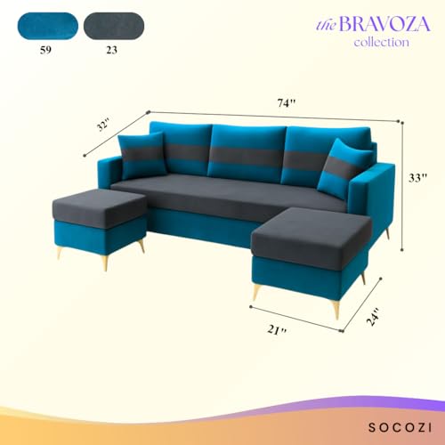 Image of SOCOZI Bravelle 5 Seater L Shape Sofa Set with 2 Movable Ottomans | Flexible Layout | Soft Velvet Suede Fabric|Modern Sofa with Golden Legs | Plush Comfort Cushions for Living Room (Teal Blue-Grey)