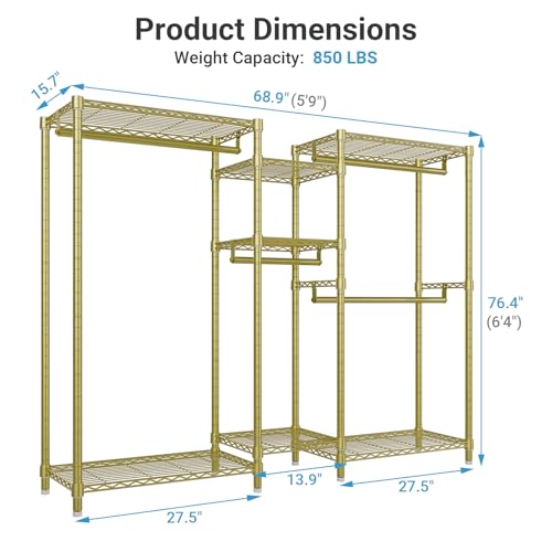 VIPEK Classic V6 Wire Garment Rack Heavy Duty Clothes Rack with 7 Adjustable Shelves & 4 Hanging Rods, Compact DIY Metal Clothing Racks 68.9" L x 15.7" W x 76.4" H, Max Load 840LBS, Gold