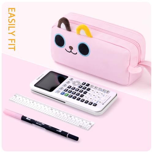 Image of CICIMELON Cartoon Pencil Case, Large Capacity Pen Pouch with Embroidered Animal Design, School Supplies Bag for Kids, Teens, Students (Pink Kitty)