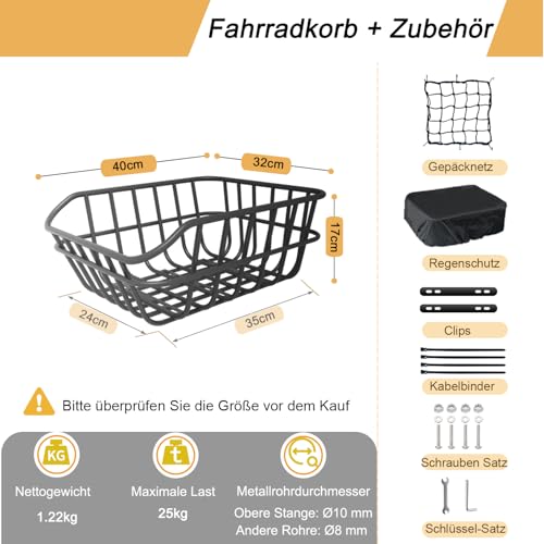 HopesEager fahrradkorb hinten mit Regenschutz,gepäcknetz,Großer Fahrrad Korb aus Metall hinten, robuster fahrradkorb gepäckträger hinten für die meisten Fahrräder und E-Bikes