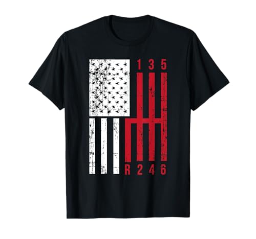 Funny Stick Shift USA Flag Muscle Car 6 engranajes mecánico regalo Camiseta