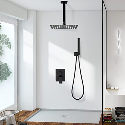 Heyalan Shower Faucet Set Matte Black 12 Inch Square Showerhead Bathroom Rainfall Ceiling Mount Shower System Sus304 Stainless Steel Shower Trim Kit 2 In 1 Handheld Shower With Rough-In Valve #TOP7