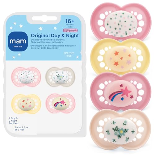MAM Original Baby Pacifiers 16+ Months, Binky for Newborn Babies, BPA-Free Skin Soft Silicone Nipple, Glows in The Dark, Developed with Medical Experts, 4 Count, Made in Europe