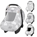 Windproof Baby Car Seat Cover, 3D Mink Dot Infant Car Seat Canopy with Breathable Mesh Window, Baby Carrier for All Seasons, Easy Access Carseat Covers Snug Fit Infant Stroller(Elephant)