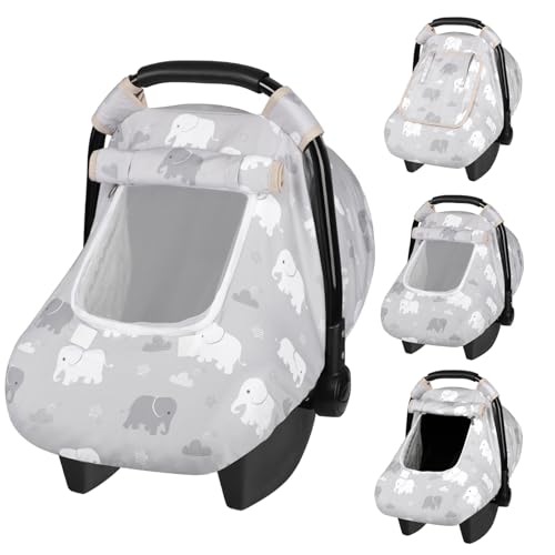 Image of Windproof Baby Car Seat Cover, 3D Mink Dot Infant Car Seat Canopy with Breathable Mesh Window, Baby Carrier for All Seasons, Easy Access Carseat Covers Snug Fit Infant Stroller(Elephant)
