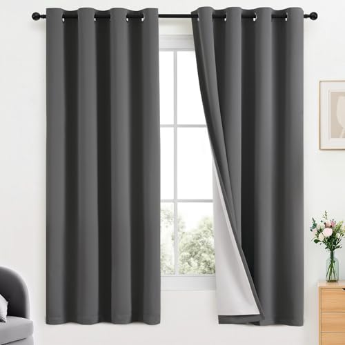 Yakamok Room Darkening 100% Blackout Curtains Grommet Window Treatments with 2 Thick Layers-Charcoal Grey Thermal Insulated Drapes Set of 2 Panels for Bedroom Living Room 52 Inches by 63 Inches Length