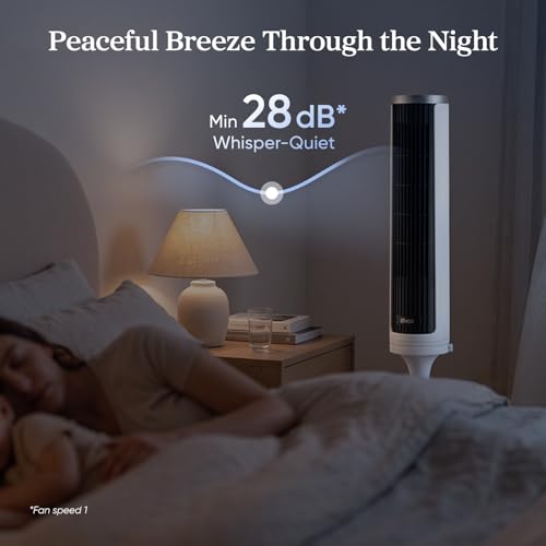 Image of LEVOIT Tower Fan for Bedroom, Standing Fan with 36 inch-47 inch Adjustable Height, 90 Oscillating Room Fan, 28dB Quiet for Sleep, 23 ft /s Velocity, 5 Speeds 4 Modes, 12H Timer, Remoter, for Home, White
