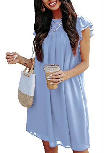 Image of KIRUNDO Wedding Guest Shift Dresses for Women Short Spring Summer Ruffle Cap Sleeve Chiffon Babydoll Flowy Mini Sundress