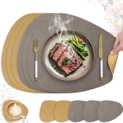 6er Set Tischset aus Leder-Imitat，Platzsets abwaschbar und wasserdicht，Platzdeckchen Lederoptik mit Untersetzer… – Ansicht 1