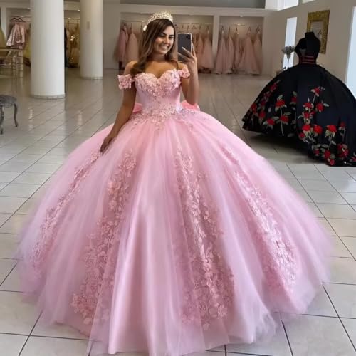 Off Shoulder Quinceanera Dresses Tulle Ball Gown with Bow Lace Applique Sweet 16 Dress4