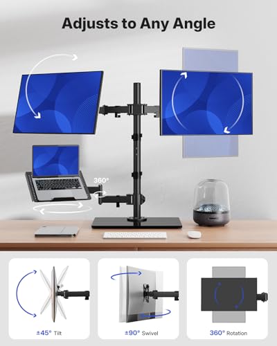 Image of HUANUO Dual Monitor Stand with Laptop Desk Mount, Freestanding Glass Base
