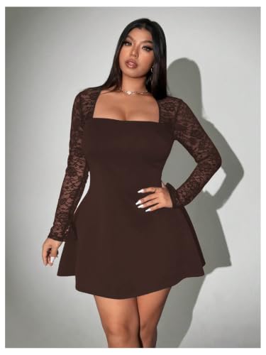 Image of Floerns Women's Plus Size Lace Sheer Long Sleeve Square Neck Mini Dresses