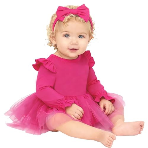 Magic Park 0-18M 乳児ボディスーツ チュチュドレス ベビー ガール ロンパース ドレス 幼児 無地 チュール スカート 洗礼 ホリデー 衣装, ロングダークピンク, 6 Months（Amazon）