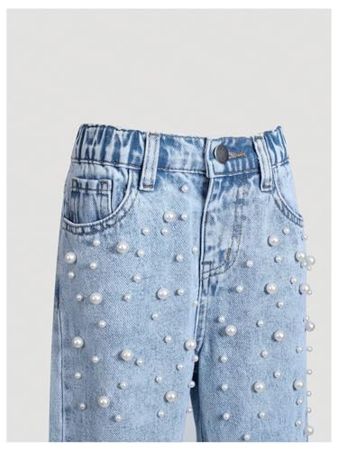 WDIRARA Toddler Girl's Pearls Jeans Elastic Waist Straight Leg Denim Pants3