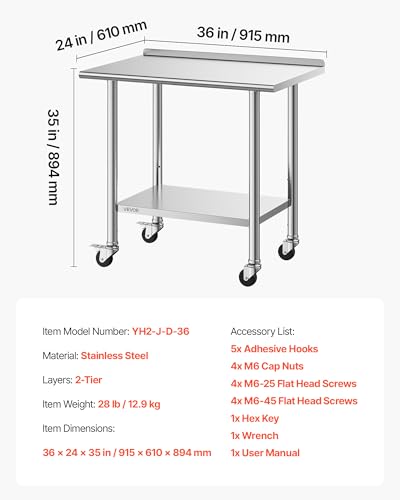 Image of VEVOR Stainless Steel Work Table, 24x36 inch Food Prep Table with Wheels and Backsplash, Commercial Kitchen Workstation with Adjustable Undershelf, Metal Utility Worktable, for Restaurant Home Outdoor
