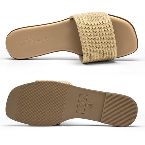 Image of Athlefit Flat Sandals Women Dressy Square Toe Raffia Summer Slide Sandals