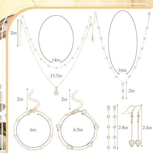 Quelay 9 Pcs Gold Pearl Jewelry Set for Women Includes Gold Plated Pearl Necklace, Drop Earrings, Bracelet for Wedding Bride Jewelry Gift2
