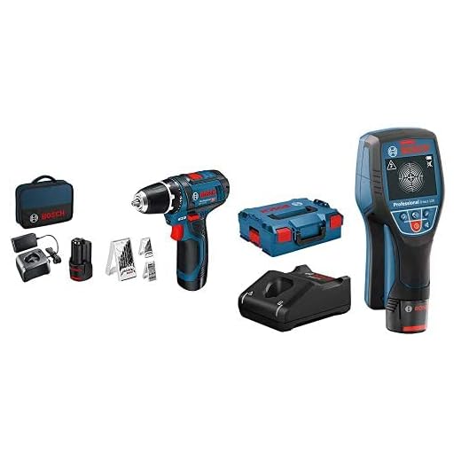 Bosch Professional System Atornillador GSR 12V-15,incl. 2x2.0 batería + cargador,39 pcs juego de accesorios + Sistema 12V Detector de pared D-tect 120, 1 batería 12V + cargador, profundidad máx 120 mm