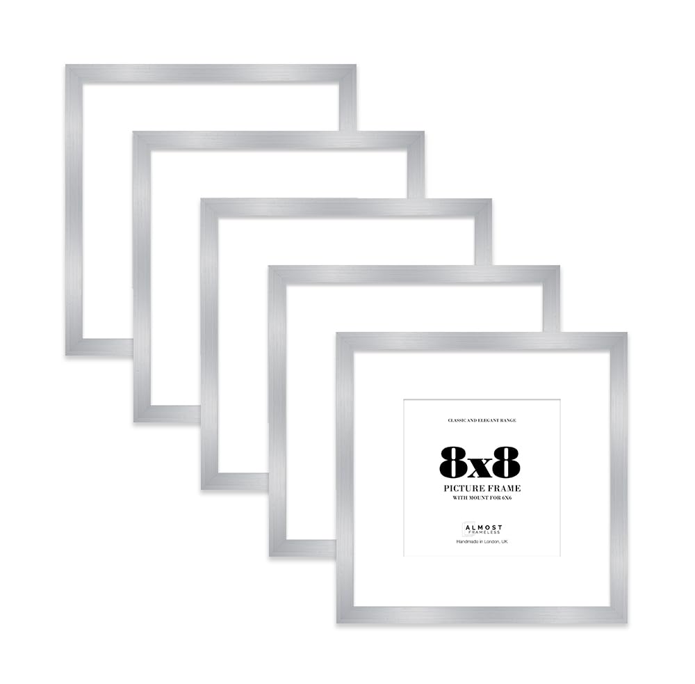 8x8 Silver Picture Frame with Mount for 6x6 Photos, Prints - Modern Square Wall Frame, Set of 5