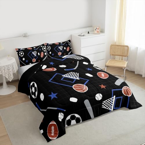 Image of Feelyou Ball Sport Comforter Set Queen Size Basketball Foorball Bedding Set for Kids Boys Girls Black Blue Duvet Quilt Sport Theme Bedroom Decor Microfiber 3 Pcs with 2 Pillow Cases