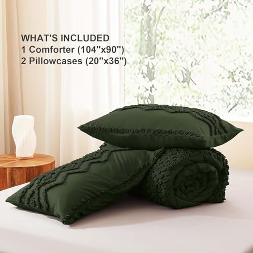 Image of Luxudecor Olive Green Boho Tufted Comforter Set King Size 3 Pieces Boho Shabby Chic Comforter Farmhouse Embroidery Bedding Set Soft Comforter for All Seasons (Olive Green, 104''x90'')