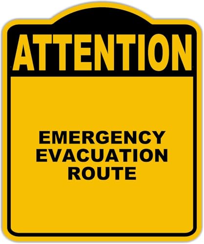 EMERGENCY EVACUATION ROUTE Attention Yellow Black Aluminum Composite Sign 8.5 x 10 inches