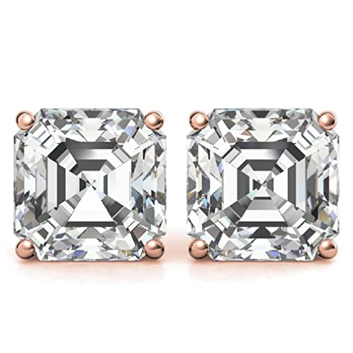 Handmade 10K 14K 18K Solid Rose Gold Earring, 4 Tcw Asscher Cut Moissanite Diamond Stud Earring, Solitaire Anniversary Earring For Women, Engagement/Birthday Gifts, Push/Screw Back #TOP13