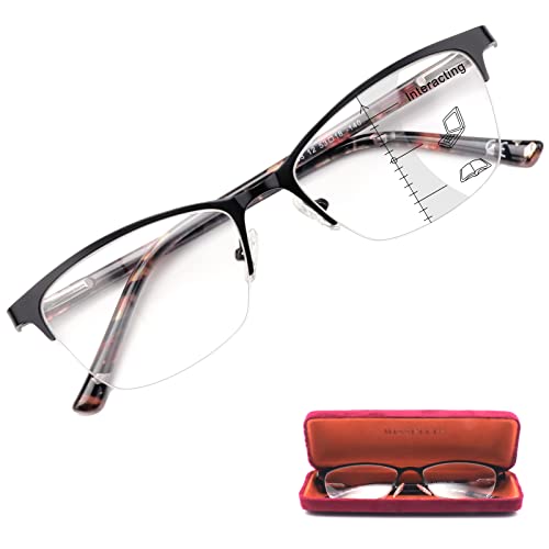 Missfive Premium Progressive Multifocus Metal Reading Glasses Women & A Case, Quality Spring Hinge Blue Light Blocking No Line Lens Multifocal Readers(for Mid-Near Workspace_3.0x_Classic Black)