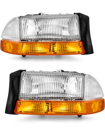 for Dodge Dakota 1997 1998 1999 2000 2001 2002 2003 2004 Headlight Assembly Compatible with Dodge Durango 1998-2003 Headlamp Chrome Housing Amber Reflector Driver and Passenger SideW/O Bulbs