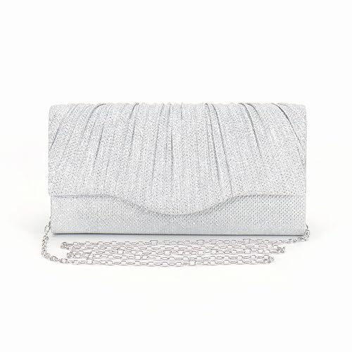 Culinavog Bolsos de Mano de Moda, Bolsos Clutch Fiesta de Noche Brillante, Clutch De Mano Fiesta Mujer con Cadena Desmontable, Bolsas de Embrague, Carteras de Mano Clutches para Boda Fiesta (Plateado)