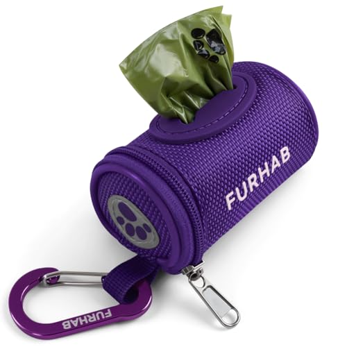 Image of FURHAB Dog Poop Bag Holder for Leash Doggie Waste Bag Dispenser Soft Fabric Puppy Potty Carrier Small Doggy Zipper Pouch with Carabiner Clip 1680D Nylon Oxford with 1 Roll of Pet Trash Bags, Purple