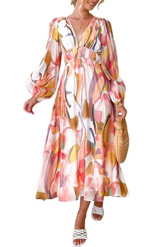 Maxigerui Women's Long Sleeve Floral Maxi Dress 2026 Spring Summer Wedding Guest Dress Pink Watercolor L
