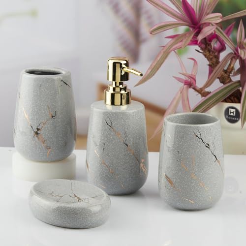 Image of Kookee Ceramic Bathroom Accessories Set 4 Piece - Soap Dispenser, Toothbrush Holder, Tumbler & Soap Dish | Modern Designer Decor for Home & Guest Bathroom, Dark Grey (10430)