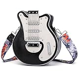 generic Women Guitar Shaped Crossbody Bag Unique PU Leather Shoulder Bag Novelty Music Guitar Purse(Black)