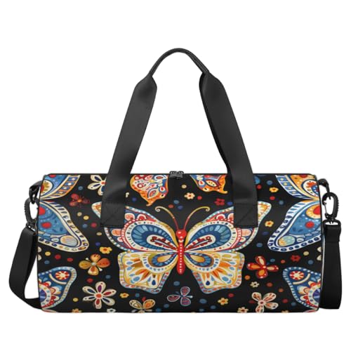 Colorful Butterfly Print Round Barrel Sports Fitness Bag, Travel Luggage Bag, Reusable Handbag, Suitable For Men and Women2