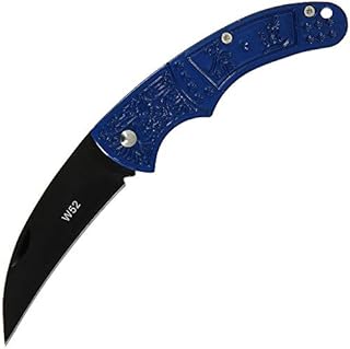 DNA Camping Hiking Fishing Hawkbill EDC Karambit Non Locking Less than 3" Blue Folding Knife with Engraved Oriental Design and Script