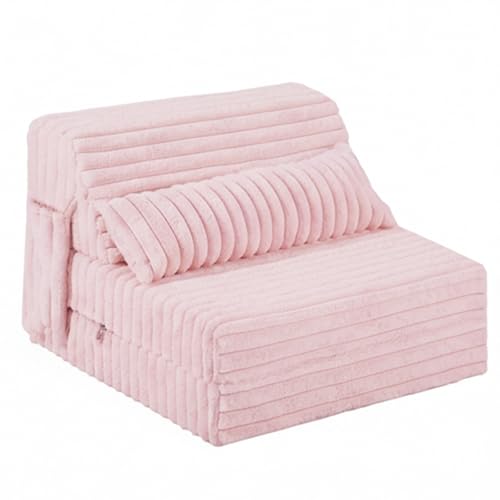 Image of Tiita Folding Sofa Bed - 4-Fold Convertible Sleeper Chair with Corduroy Cover and Rectangular Pillow, Floor Sofa Mattress for Adults, Single Size, Pink
