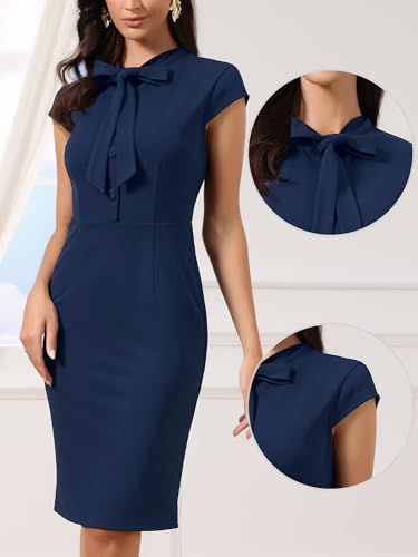 Image of Allegra K Work Dress for Women Cap Sleeve Bow Tie Side Zipper Sheath Business Casual Bodycon Dresses