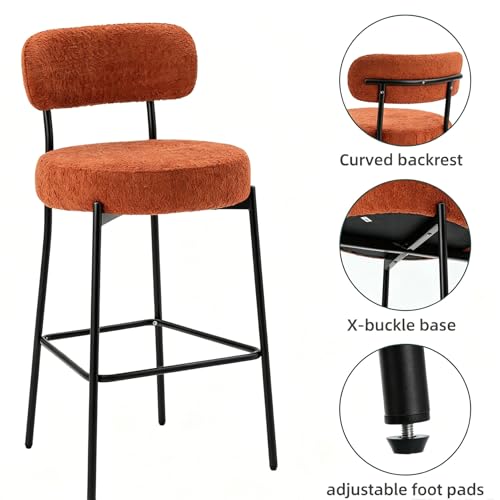 Image of Bar Stools, 30 inch Tall Bar Stools Set of 3, Boucle Upholstered Counter Height Bar Stools, Modern Bar Chairs Metal Frame with Back and Footrest for Kitchen Island,Orange Barstools