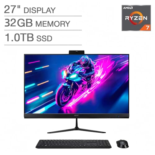 Image of acer 27 inch FHD All-in-One Desktop Computer, 120Hz IPS Display, AMD Ryzen 7 5825U 8-Core Processor, 32GB RAM, 1TB SSD, Wi-Fi 6E, 2 MP Webcam, HDMI, USB Type-C, Wireless Keyboard & Mouse, Windows 11 Pro