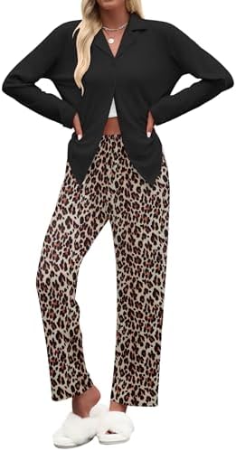 Ekouaer Women's Pajamas Sets Button Down Long Sleeve Lounge Sets Soft 2 Piece Pants Sleepwear