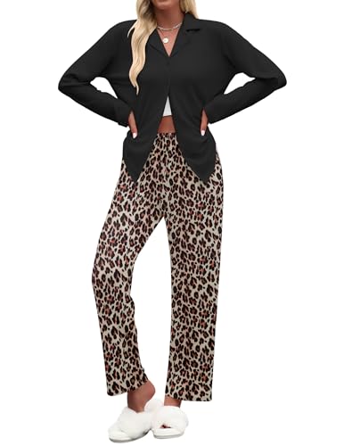 Ekouaer Women's Pajamas Sets Button Down Long Sleeve Lounge Sets Soft 2 Piece Pants Sleepwear Yellow/Black/Brown Leopard M