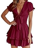 PRETTYGARDEN Women's 2024 Summer Swing Mini Dress Tie Front V Neck Short Sleeve Ruffle Layer A-Line Short Dress (Wine Red,Medium)