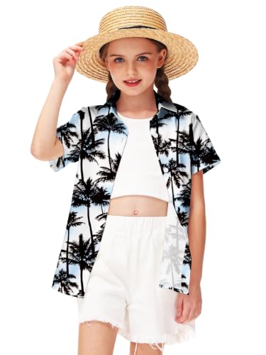 Image of Remimi Unisex Kids 4th of July Button Up Shirt Boys American Flag Print Hawaiian Beach Short Sleeve Tops 5-14 Years