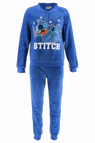 Disney Stitch Pijamas para Mujer, Pijama de 2 Piezas Polar Suave, Camiseta y Pantalon Largo Terciopelo, Regalo para Mujer y Adolescentes (FR/ES, Letras, M, Regular, Regular, Azul)
